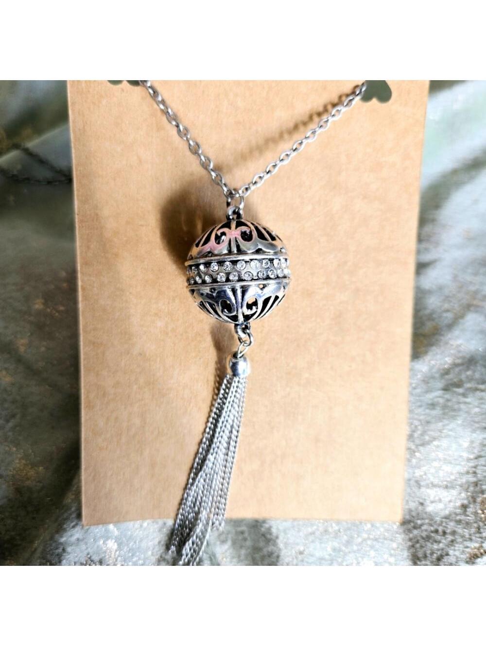 Silver Tone Filigree Ball Tassel Pendant Necklace